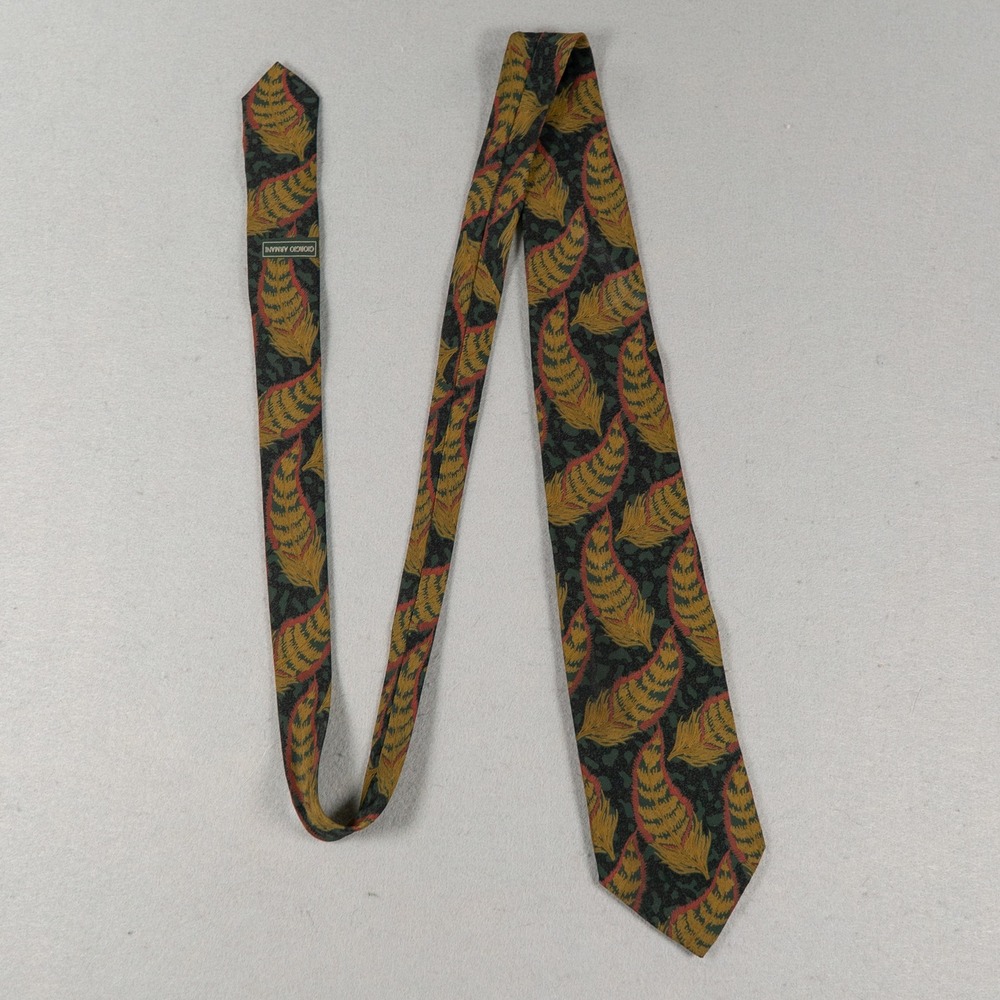Giorgio Armani Mens Silk Tie Cravatte Feather Pattern Green Gold Red Italy